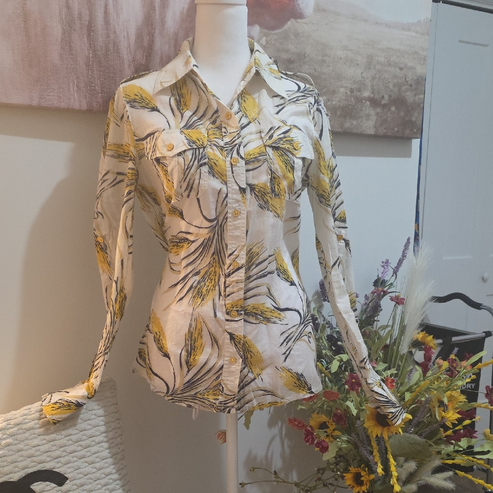 Tory Birch Elegant Yellow Floral Button Down Shirt